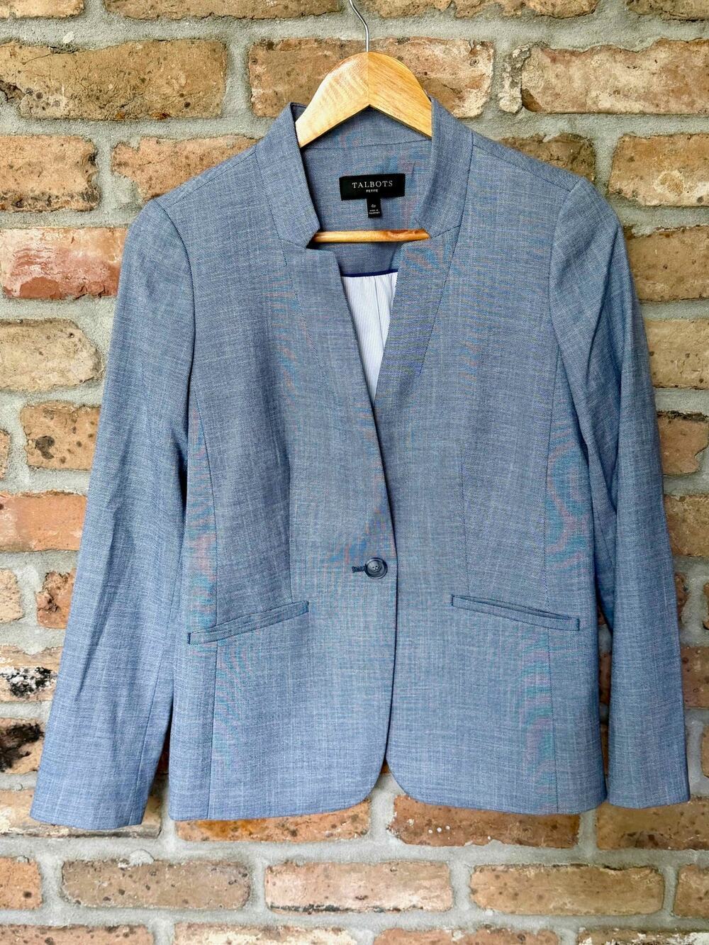 Talbots Women's Chambray Blue One Button Blazer Lined Jacket Petite Size 4 Chic